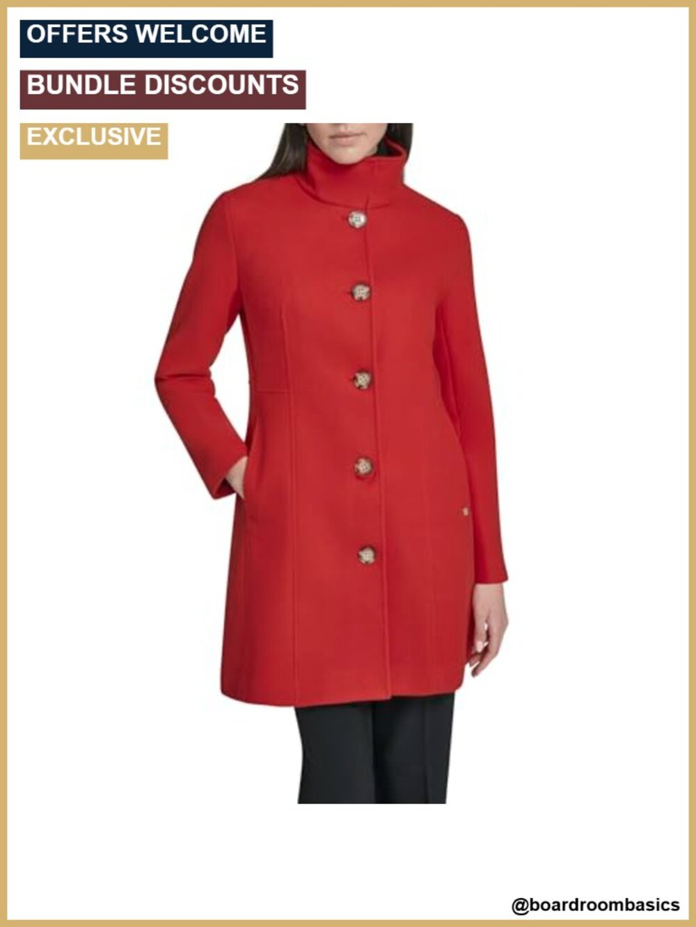 Faux Wool Long Button Front Dress Coat With Stand Collar